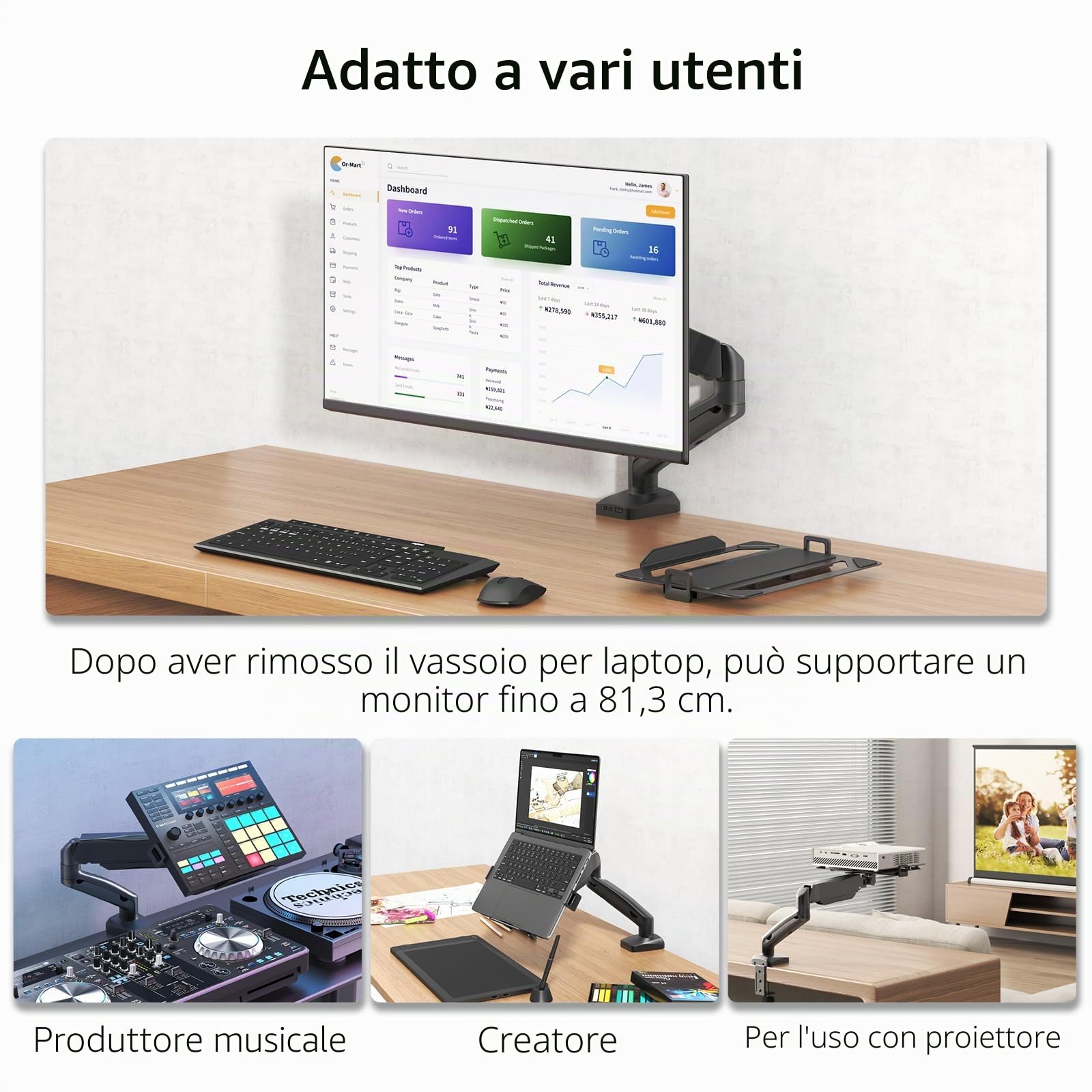 Supporto da scrivania per laptop 2 in 1, per notebook da 11,6-17,3'' e monitor da 17-32'', supporto a braccio per laptop fino a 9 KG, VESA 75/100 mm, morsetto da tavolo e attacco a occhiello