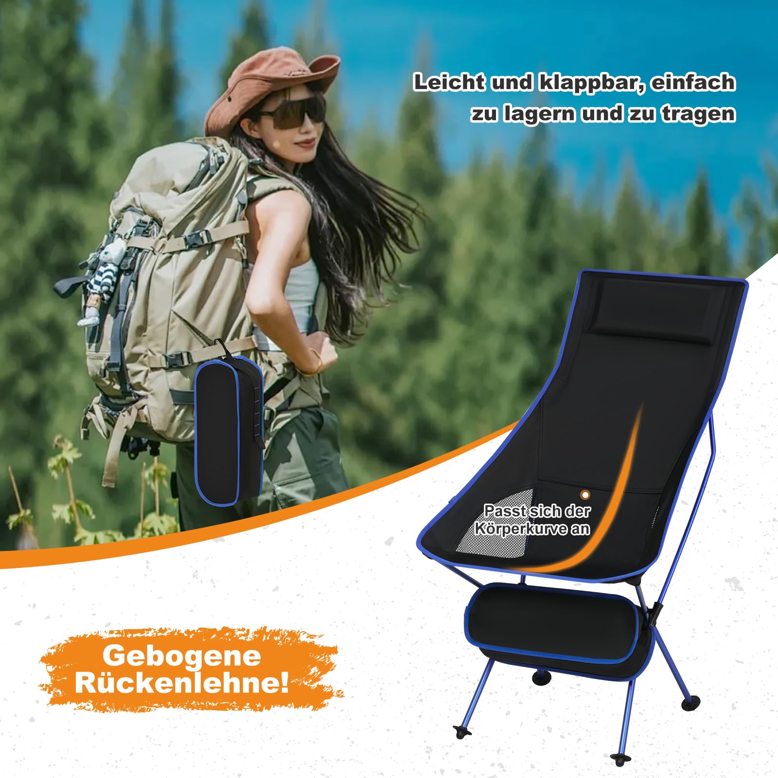 eSituro Campingstuhl faltbar, Klappstuhl leicht, Angelstuhl mit Tragetasche, Faltstuhl mit hoher Rückenlehne, Outdoor Strand Camping Stuhl, für Angeln Picknick Wandern