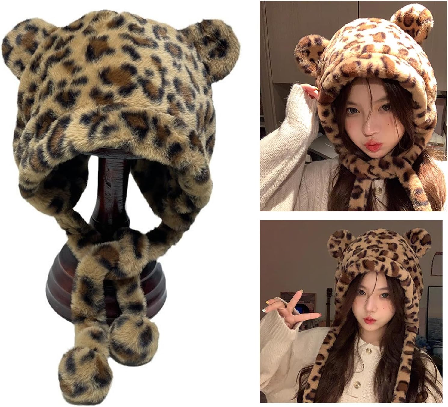 Plush Brimless Bear Ear Hat for Outdoor Activity Windproof Winter Breathable All Matching Print for Women Girl Fashion Caps Multicolor