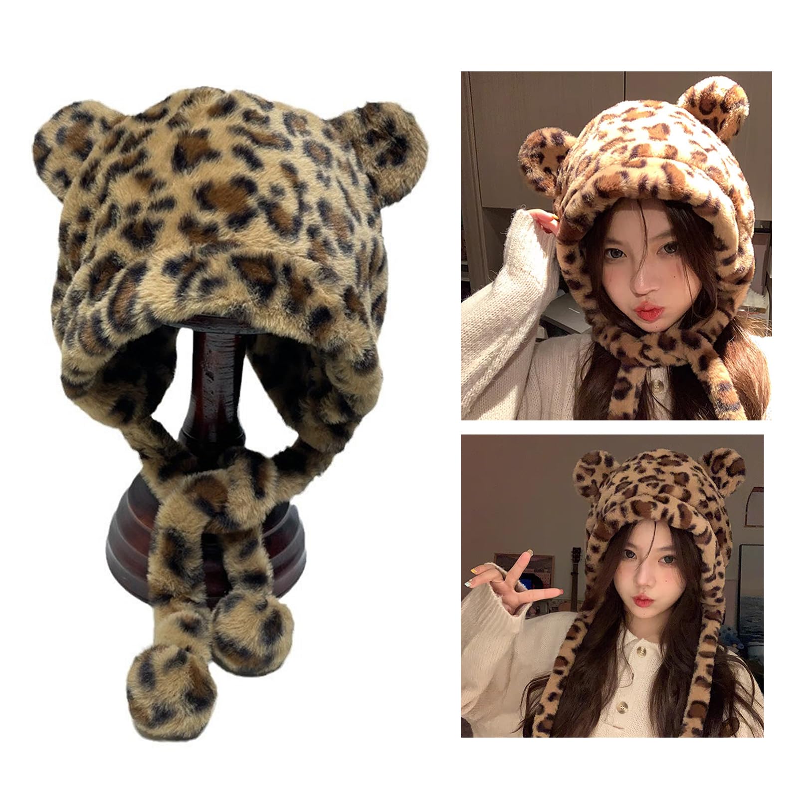 WEISUYUUS Fashion Pattern Bear Ear Ushanka Hat for Various Head Size Winter Autumn Thickened Pullover Skull Hat for Casual Travel