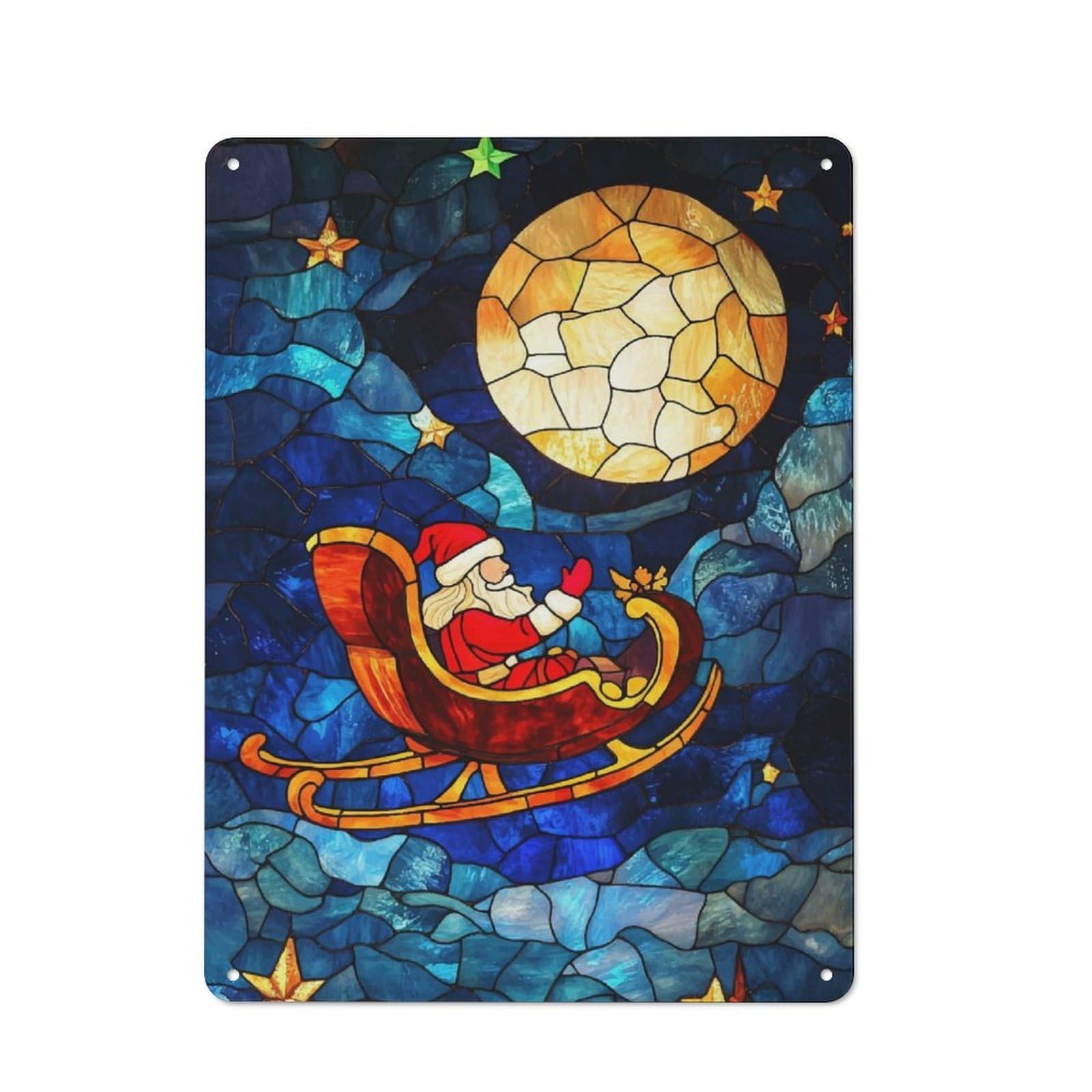 Junmoney Stained Glass Santa Rustic Metal Wall Sign 40X30cm For Café Or Restaurant, Gift Idea At Christmas For Café Owners And Decorators