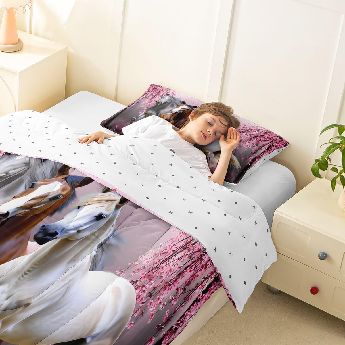 Feelyou Girls Horse Full Size Comforter Set Cherry Blossom Galloping Horse Bedding Set for Kids Boys Teens Western Duvet Comforter Floral Animal Decor Gifts for Girls Quilt Set Bedroom 3Pcs,Pink