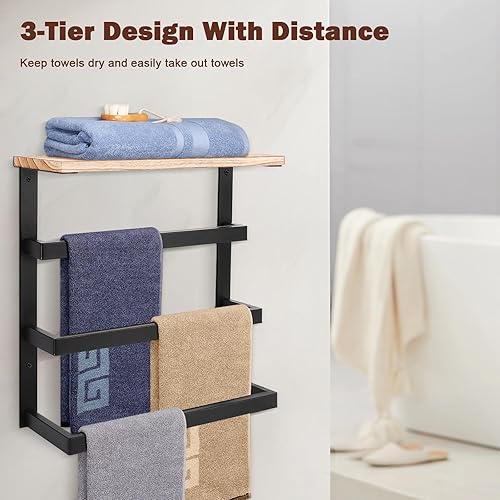 Miniatura 6 de NearMoon Toallero colgante para baño, toallero de metal grueso con estante de madera, almacenamiento de barra de toallas de 3 niveles, colgadores de