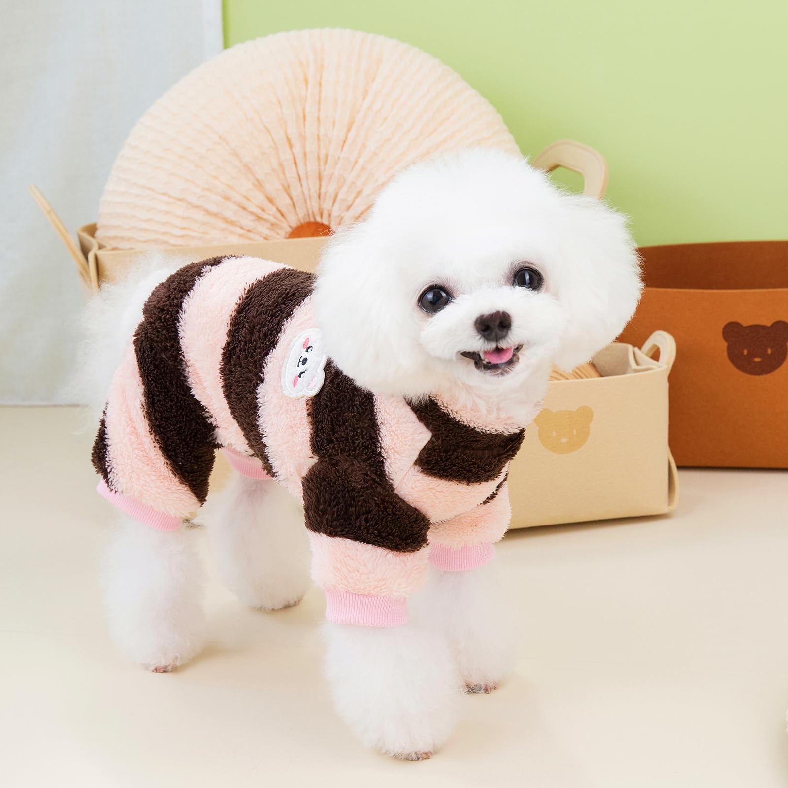 Izefia Dog Winter Warm Fleece Sweater - Rainbow Stripe, Brown, S - Small to Medium Dog & Cat, Small (Back length: 7.9 inches) - Image 3