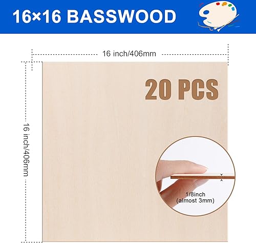 Miniatura 2 de Paquete de 20 hojas de tilo de 16 x 16 x 18 pulgadas, madera de tilo de 0.118 in para corte y grabado láser, tablero fino de madera contrachapada
