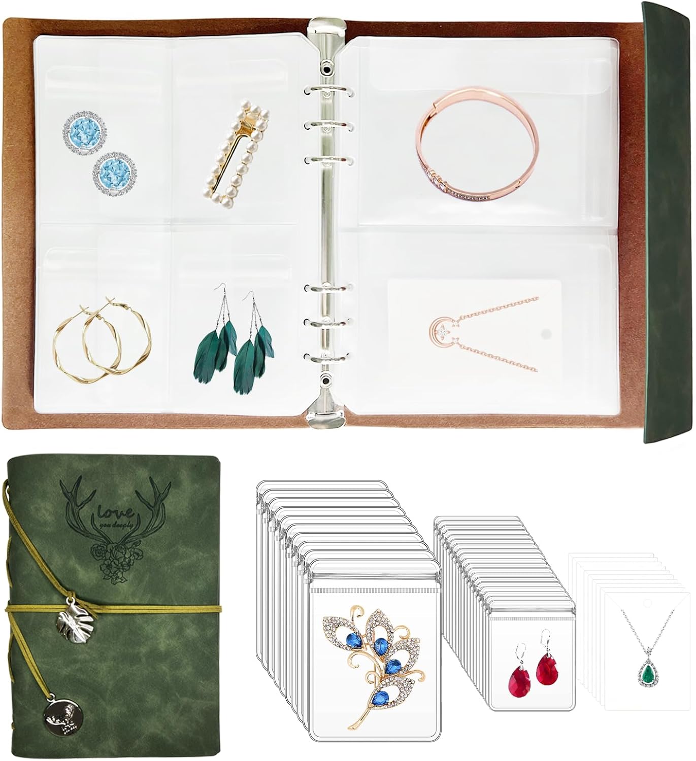 Jewelry Storage Book with Pockets, PU Leather Travel Jewelry Organizer Book, Portable Earrings Travel Album with Transparent Jewelry Bags for Bracelets, Rings(70 Grids+70 Anti-Oxidation PVC Bags)