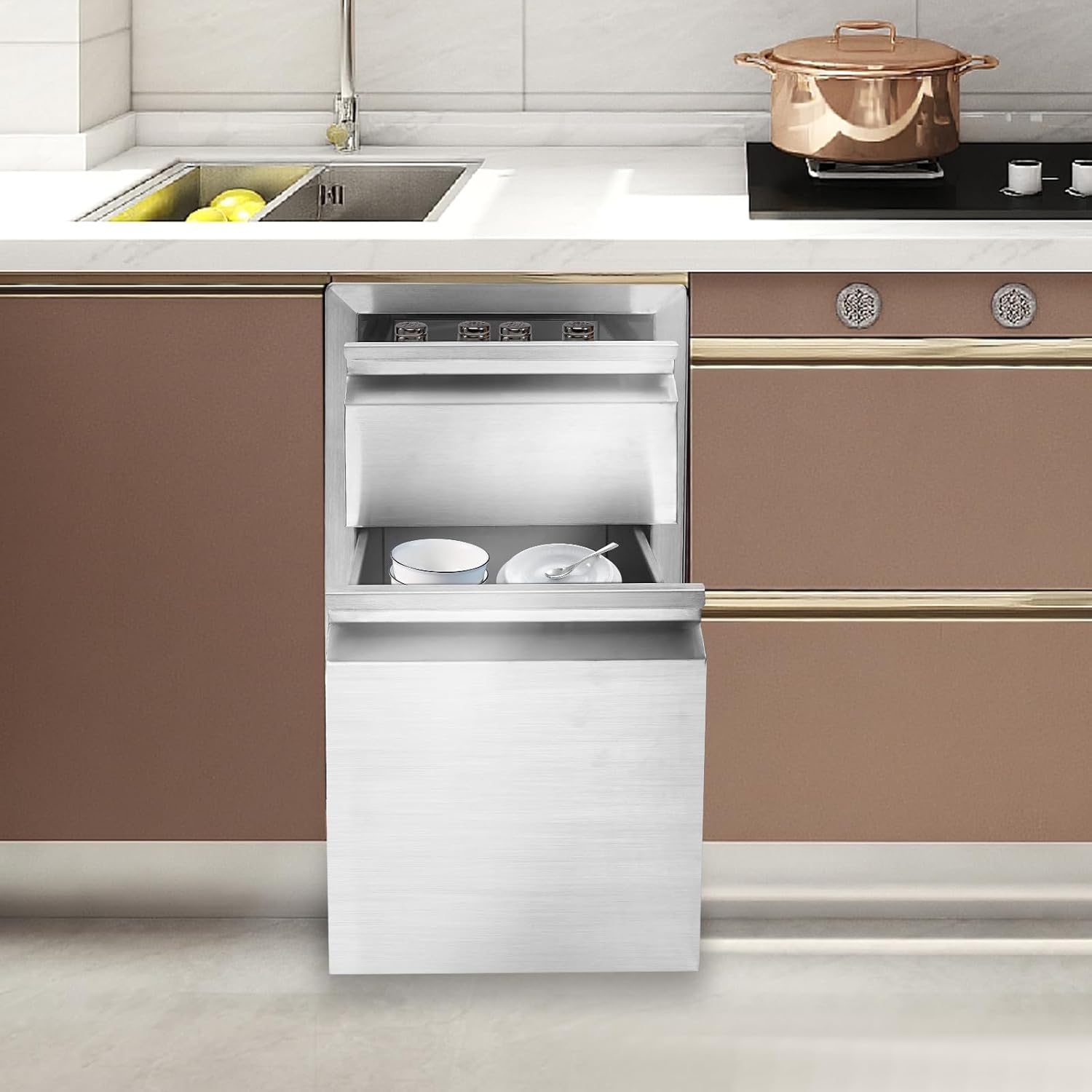 Flush Mount Double Access Recessed Handle BBQ Island Drawers,Stainless Steel Pull-out Drawers with Twists and Turns Pull Hands for Outdoor Kitchens or Patio Grill Station, (13 * 20.5 * 21in)