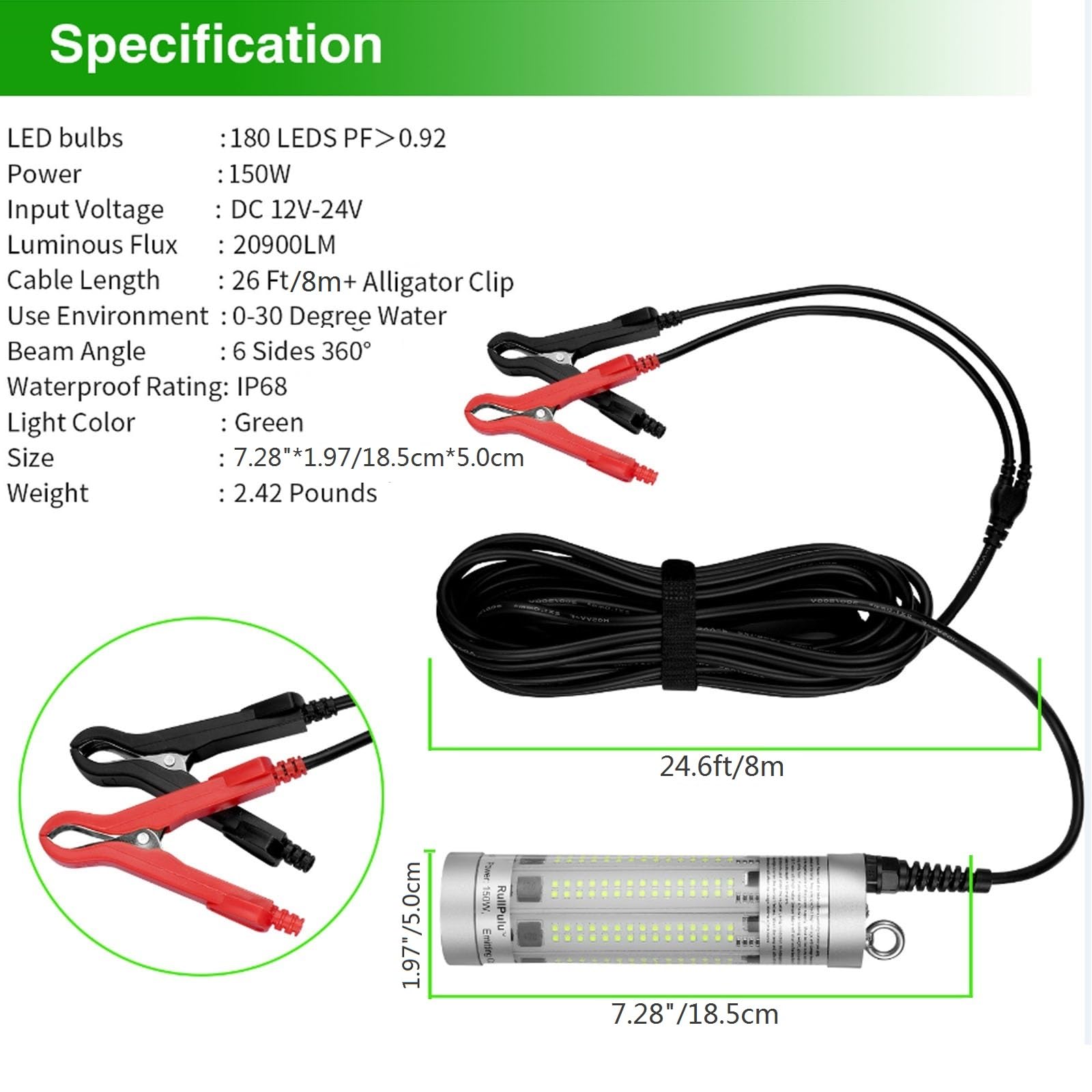 Underwater Fishing Light, 150W 20900lm Super Bright, 12V-24V LED Submersible Lamp Attractants for Docks Boats Kayaks, IP68 Rated for Fresh & Salt Water (150W 20900lm Green Light 26ft Cable)
