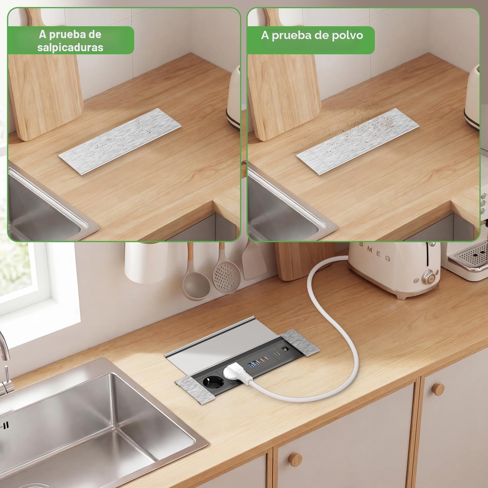 Enchufes Empotrable Mesa con USB C PD30W, Enchufe Empotrable con 4 USB HDMI RJ45, Regleta Empotrable con Tapa para Escritorio, Cocina, Oficina, Cable de 2 m, 2400 W/10 A