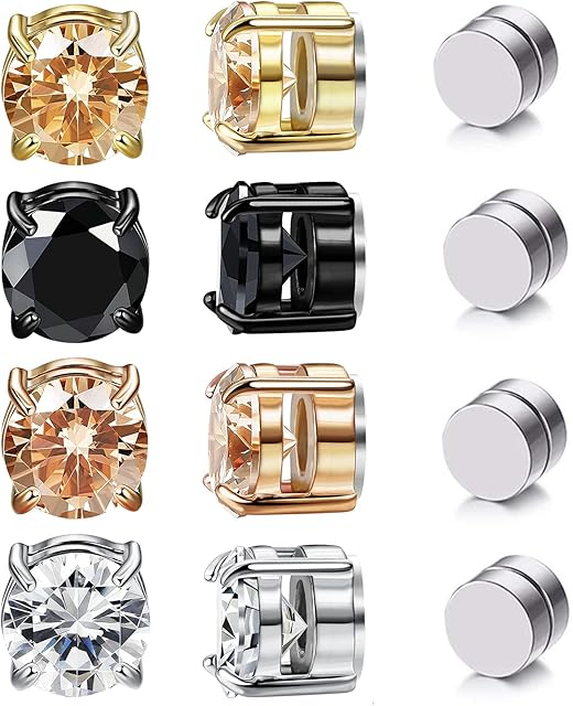 Men Magnetic Clip On Earrings Set, Non Pierced Magnet Design Fake Ear Stud Painless, Diamond Earrings Silver Stainless, Gift for Boys Women Girls Kids