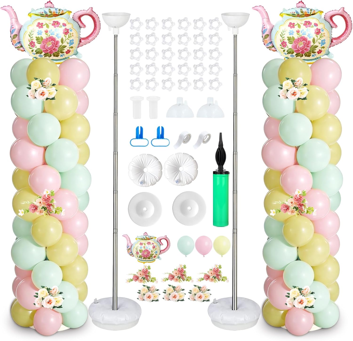 2 Sets Tea Party Balloon Column Stand Kit with Let's Partea Backdrop & 100 Balloons Adjustable Balloon Tower Stand with Bases for Girls Birthday Baby Bridal Shower Garden Party Decor Supplies