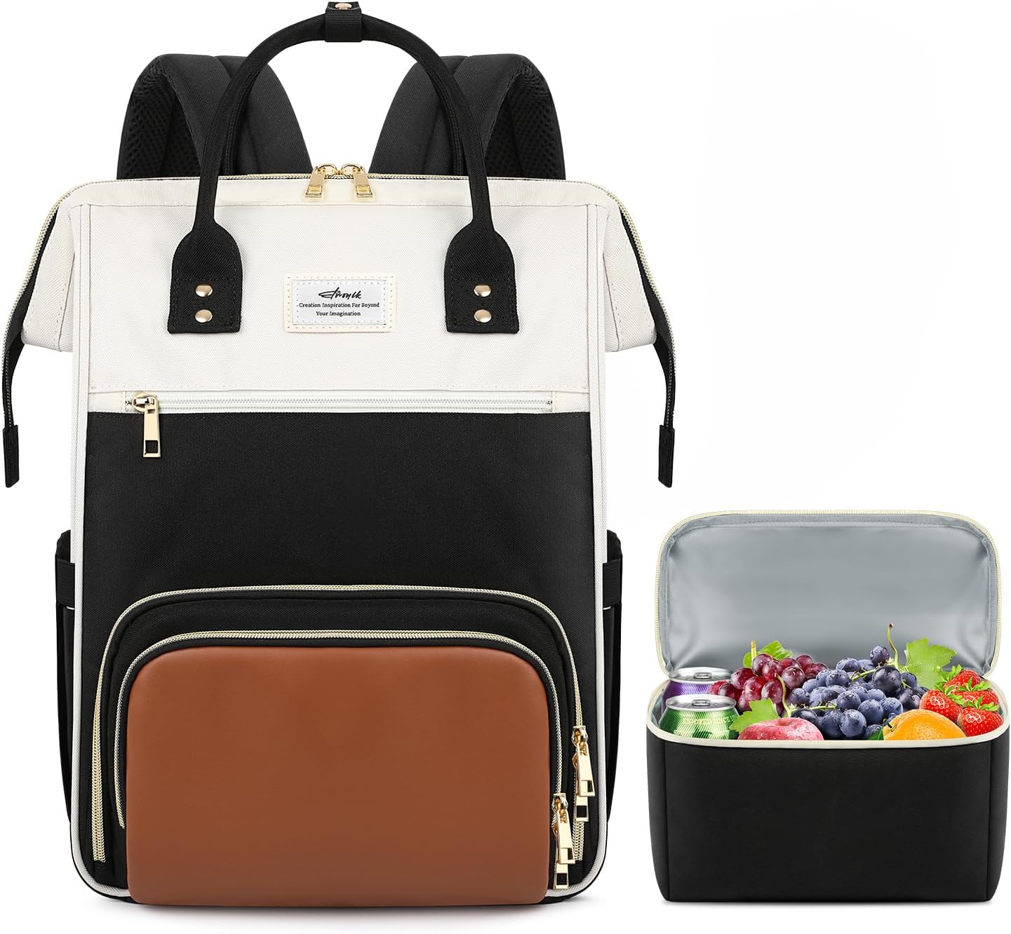 ETRONIK Lunch Backpack, 17.3 Inch Laptop Backpack, Stylish Nurse, Teacher Work Bag with Insulated Cooler Lunch Box for Women Men/Travel, Black-Beige-Brown