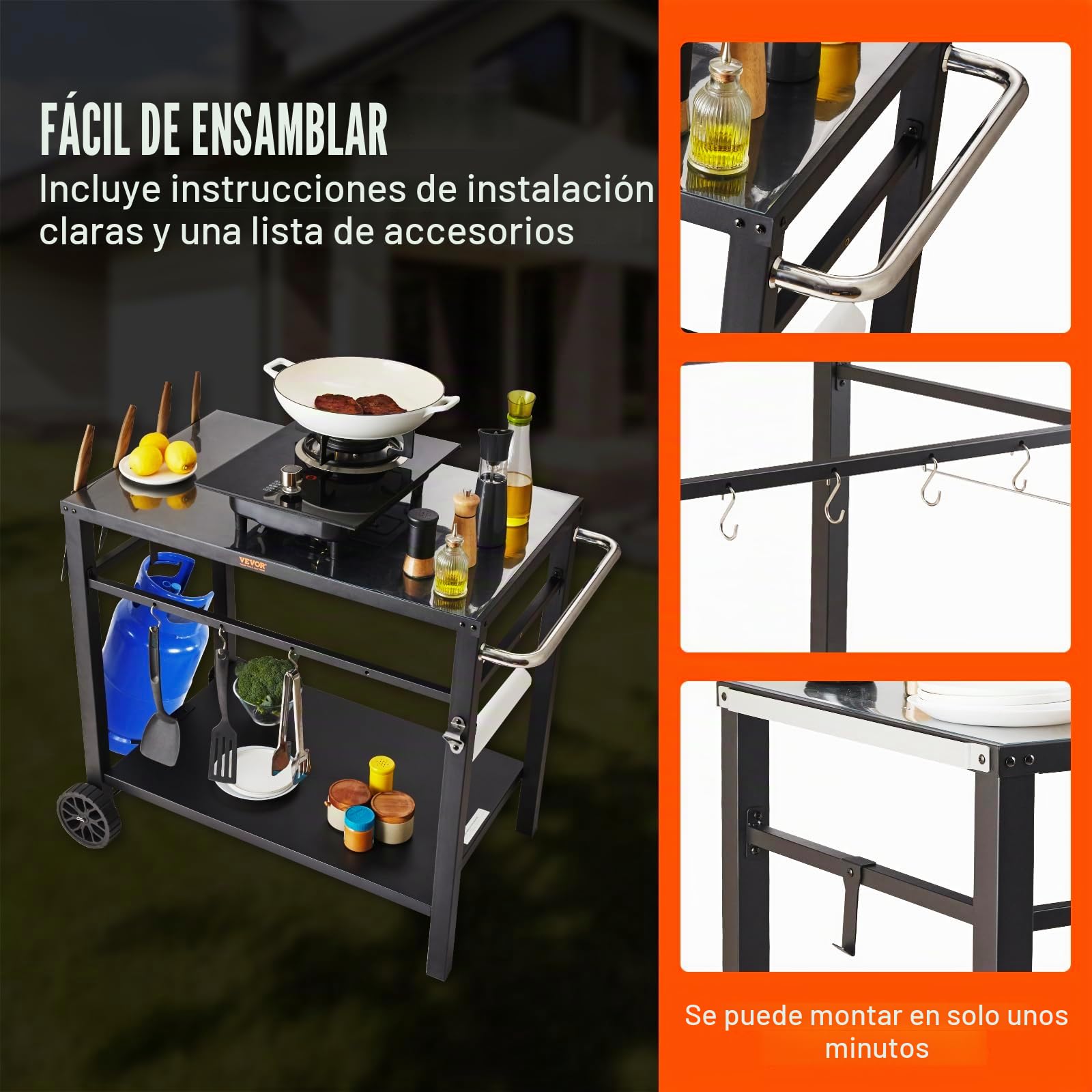 VEVOR Carrito de Comedor para Barbacoa al Aire Libre con Estante Doble, Mesa Móvil de Preparación de Alimentos para Barbacoa, Mesa de Hierro Plegable Multifuncional Carro para Exterior 1000x640x835 mm