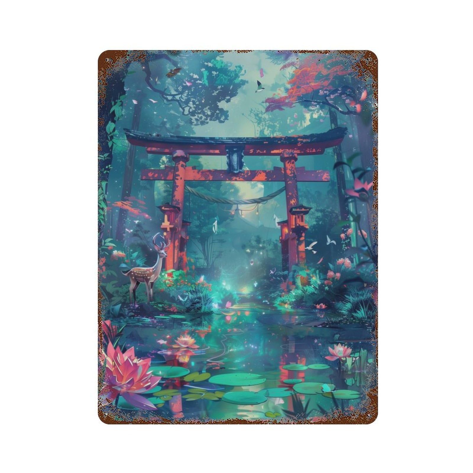 Torii Gate Japanese Vintage Wall Sign 15.7"x11.8", Rust Effect Metal Decor for Basement, Hobby Room And Garage Decor