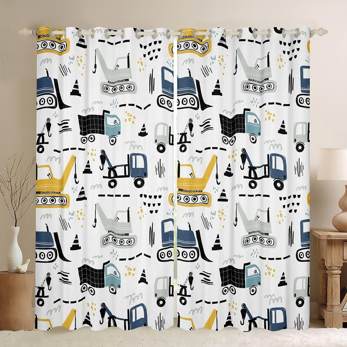 feelingyou Excavator Boys Curtains for Windows,Cartoon Construction Tractor Cars Curtains for Living Room,Watercolor Traffic Graffiti Black White Vehicle Blackout Drapes 2 Panel Sets,66x90L โ image 1