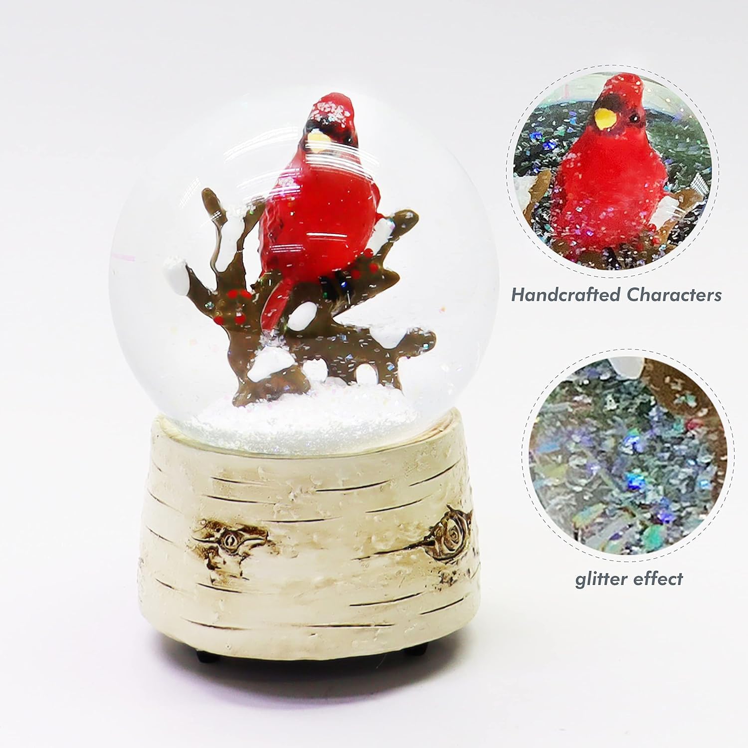 Musical Christmas Snow Globe with Cardinal Water Spinning Wind-Up Music Box Hand-Painted Birch Tree Design Holiday Tabletop Decoration by Moments in Time (5.7”H)