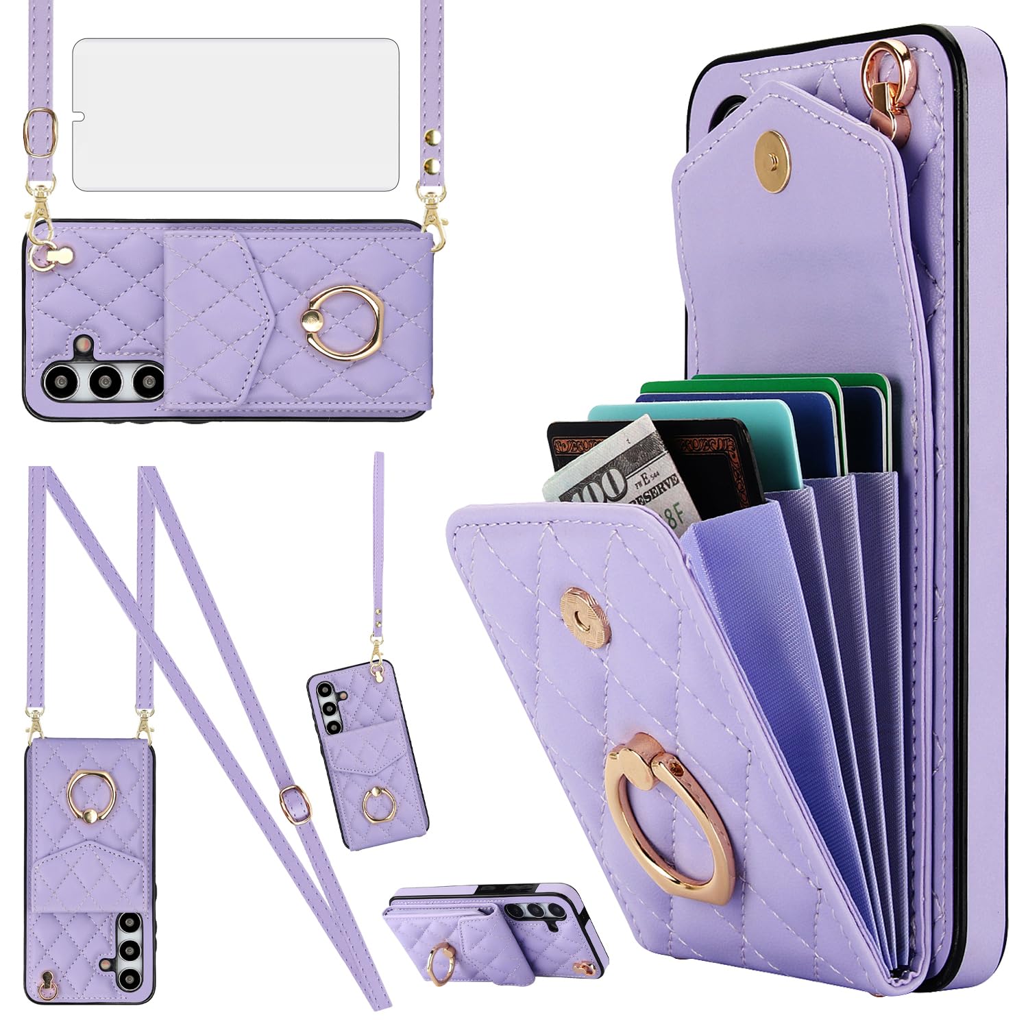 Asuwish Phone Case for Samsung Galaxy A15 5G/4G Wallet Cover with Tempered Glass Screen Protector and Crossbody Wrist Strap Ring RFID Blocking Card