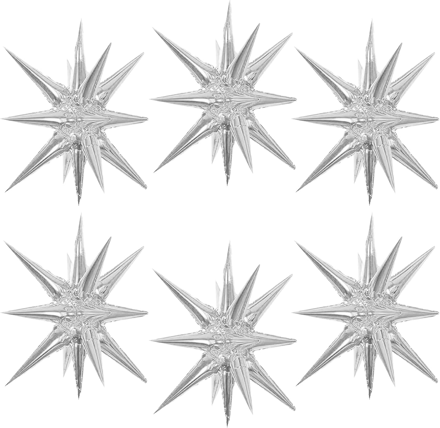 6 Pcs Silver Star Foil Balloons, OnePiece 14Pointed Star