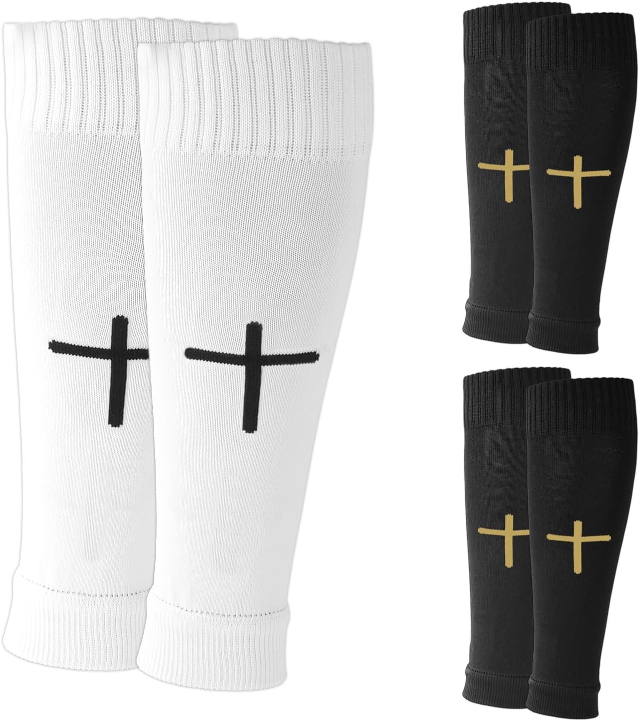 2 Pairs Pre-Cut Soccer Socks with Cross Design, Polyester Shin Guard Sleeves for Football, Rugby, Basketball, Running, Comfortable Compression & Leg Protection, Black & White