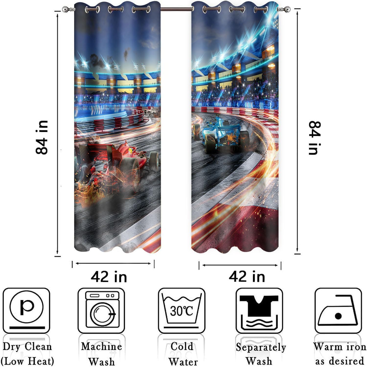 F1 Racing Car Blackout Curtains,Formula Racing Track Flame Patterned Curtains for Boys Bedroom,4284inch Sports Car Theme Privacy Curtain for Kids Playroom, Nurserie,2Panels HI087YL