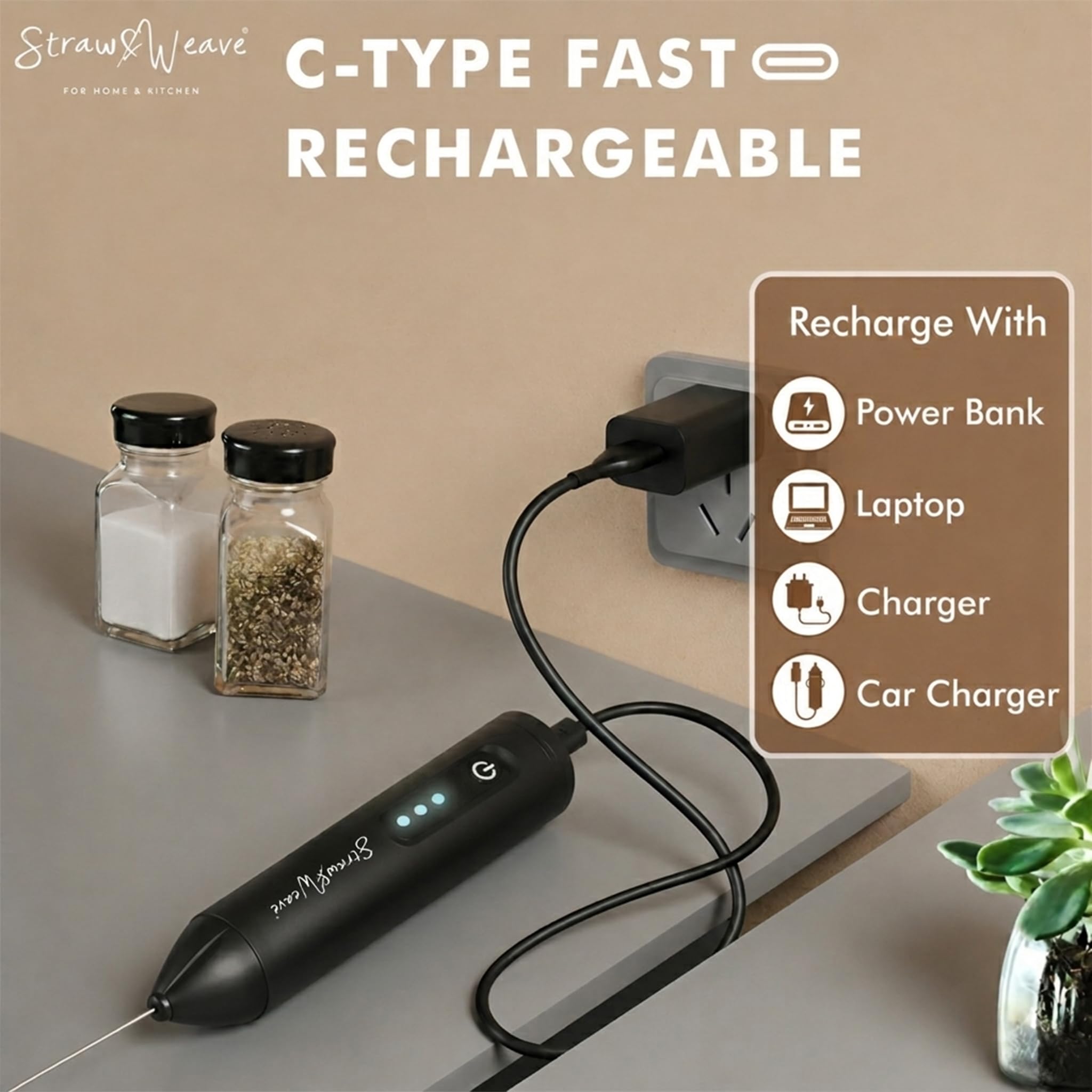 Coffee Frother Electric with Double Whisk | C Type Rechargeable Coffee Maker Machine for Home | 1 Year Warranty | Free Coffee Blender Recipe Book | Big Battery 1 Charge = 15 Days Use 1