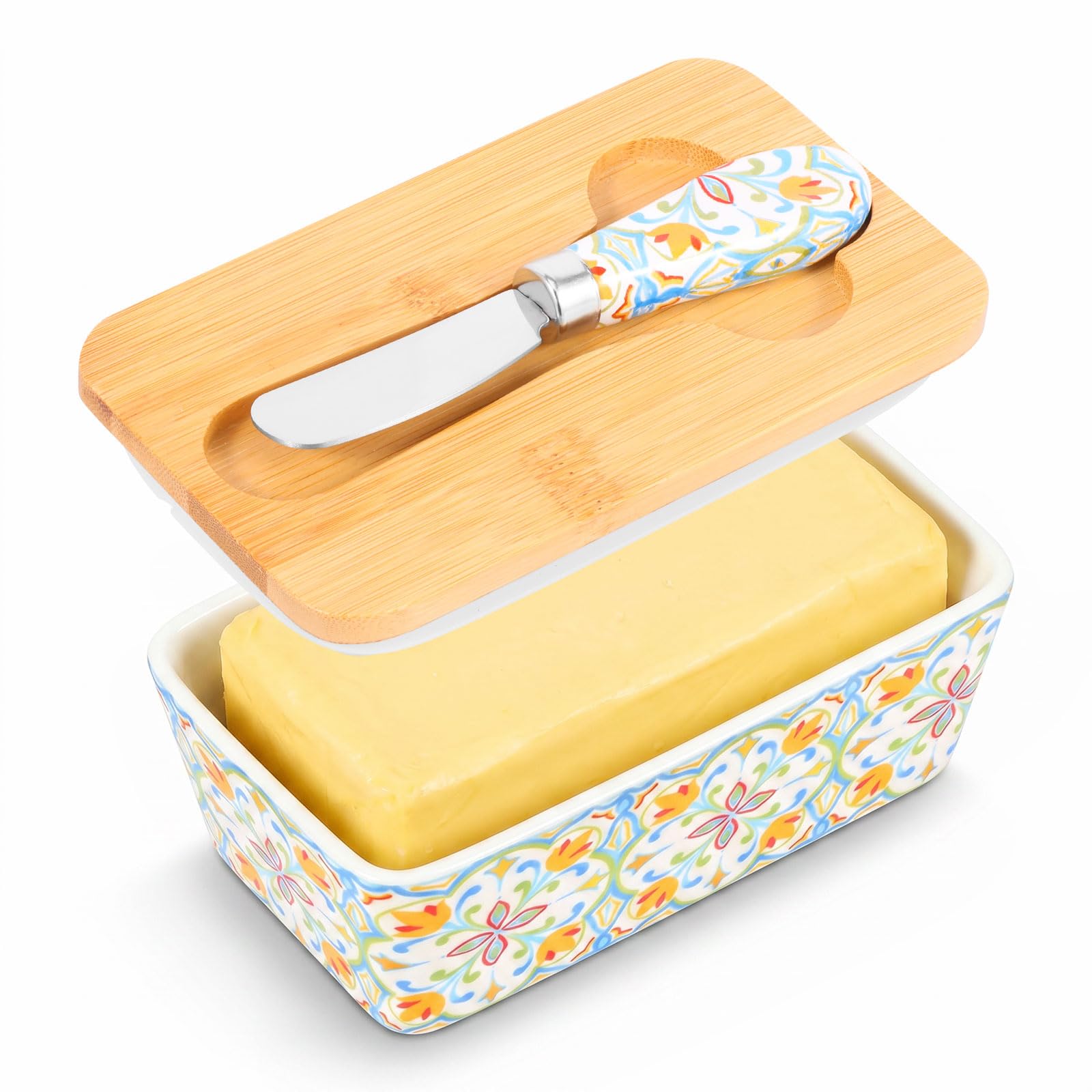 Ceramic Butter Dish with Bamboo Lid & Knife, 350ML Large Capacity Butter Dish for Countertop, Delicate Floral Pattern Butters Keeper Fits Most Butters Sizes (Style A)