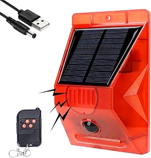 Outdoor Alarm Siren with Motion Detector Solar Alarm Light with Remote Controller 129db Sound Security Siren IP65 Waterproof 24 Hours & Night Mode for Home, Farm, Villa, Yard