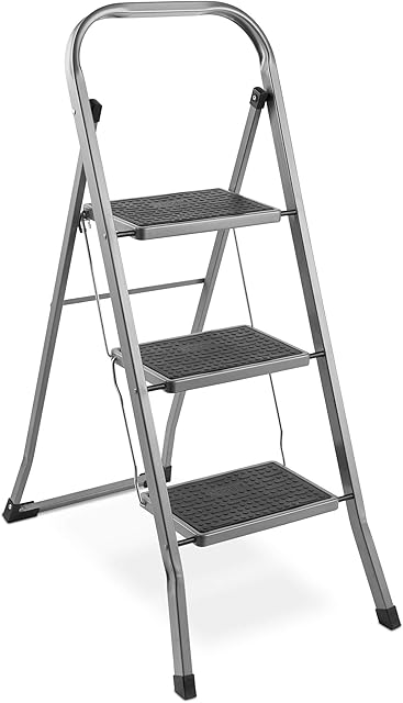 VonHaus 3 Step Ladder Premium Quality Folding Step Ladder for DIY and Gardening - Durable Steel Step Ladder - Easy to Store Step Ladders, 150KG Max Capacity - Step ladder 3 step