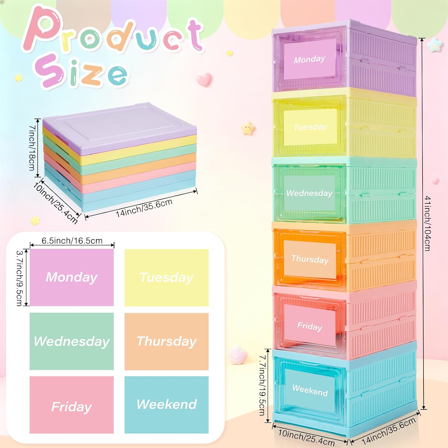 Gerrii 6 Shelf Daily Weekly Clothes Organizer for Kids Foldable Weekly Closet Organizer Storage Box with Door Plastic Closet Storage for Boys and Girls Monday Through Friday Essential Stuff(Pastel)