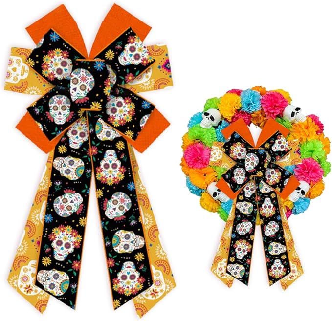 Threetols Large Halloween Bows for Wreath, Sugar Skull Flower Wreath Bows Mexican Day of The Dead Orange Black Bows for Front Door, Halloween Tree Bows for Mexican Ofrenda Party Supplies