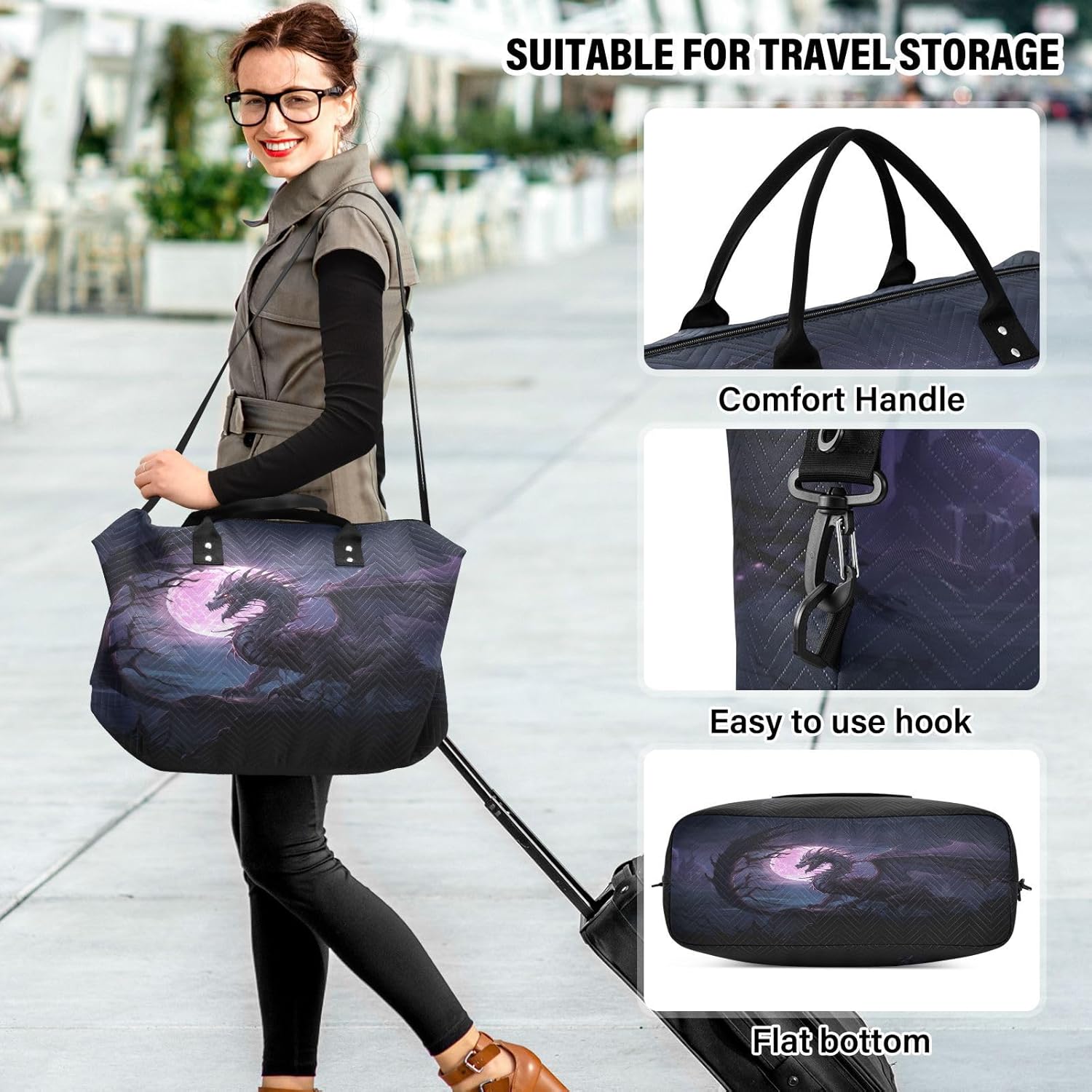 Dragon Travel Duffle Gym Bag, Roaring Dragon in The Night Weekender Bags for Women