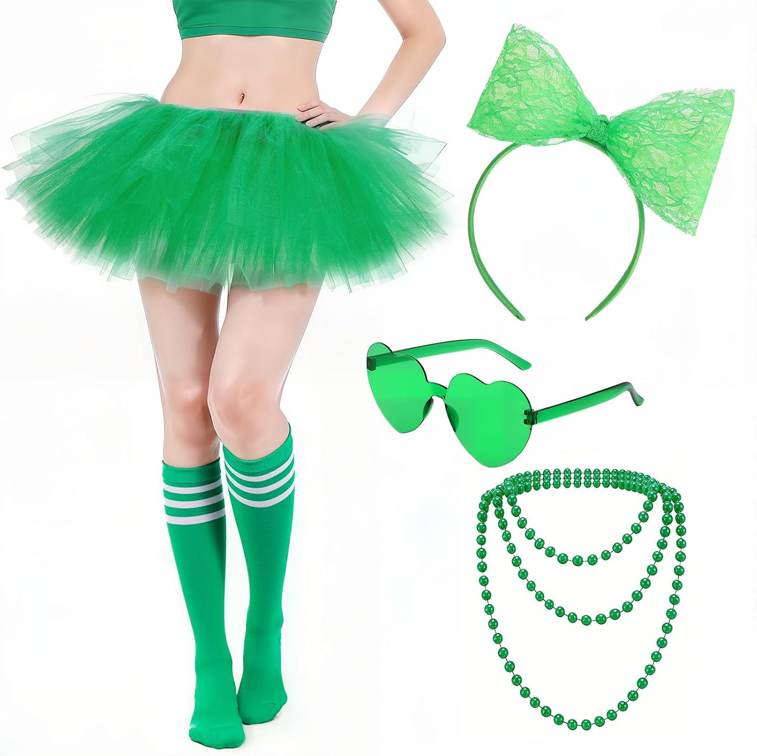 5pcs Tutu Costume Accessories for Women 5 Layered Tulle Skirt Headband Glasses Socks Necklace for 80s Dance Party