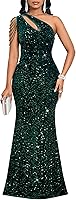 Cololura Women's Sequin One Shoulder Tassel Mermaid Bodycon Dress - Sexy Cocktail Evening Party Gown