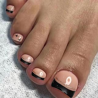AKOFIC 24pcs False Toenails Short Square, French Glossy Nude Stick on Toenails, Black Border Full Cover Press on Toenails, Artificial Fake Toenails for Big Toe Women Grils Manicure Art
