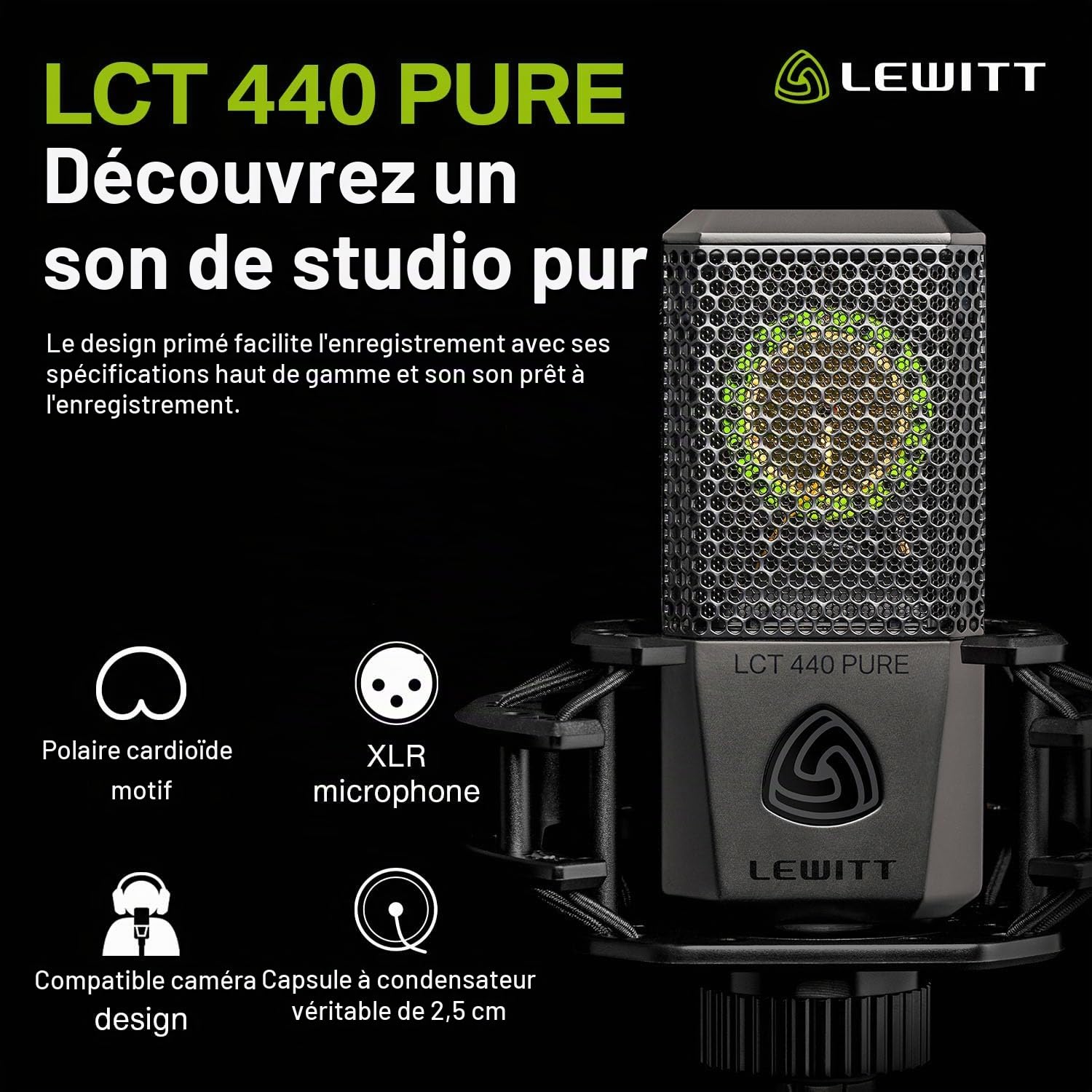 LCT 440 Pure Microphone à condensateur XLR pour Voix, Chant, Enregistrement d'instruments et Streaming - Capsule à condensateur véritable de 1" - avec araignée et Filtre Anti-Pop (Noir)