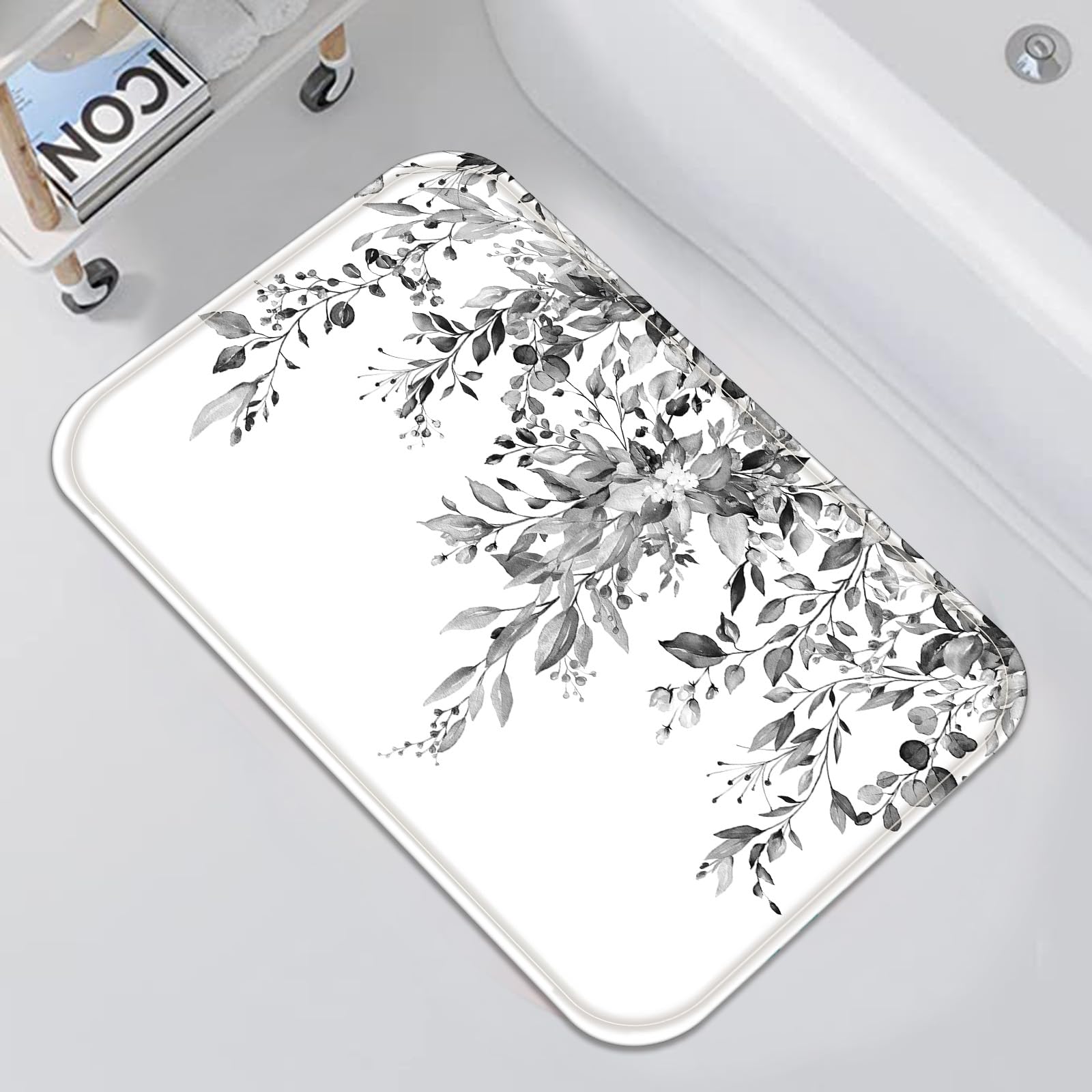 Zussun Black White Eucalyptus Small Bathroom Rugs Mat Grey Watercolor Plant Leaf with Floral Bath Rug 24 x 16 in Water Absorbent Non Slip Washable