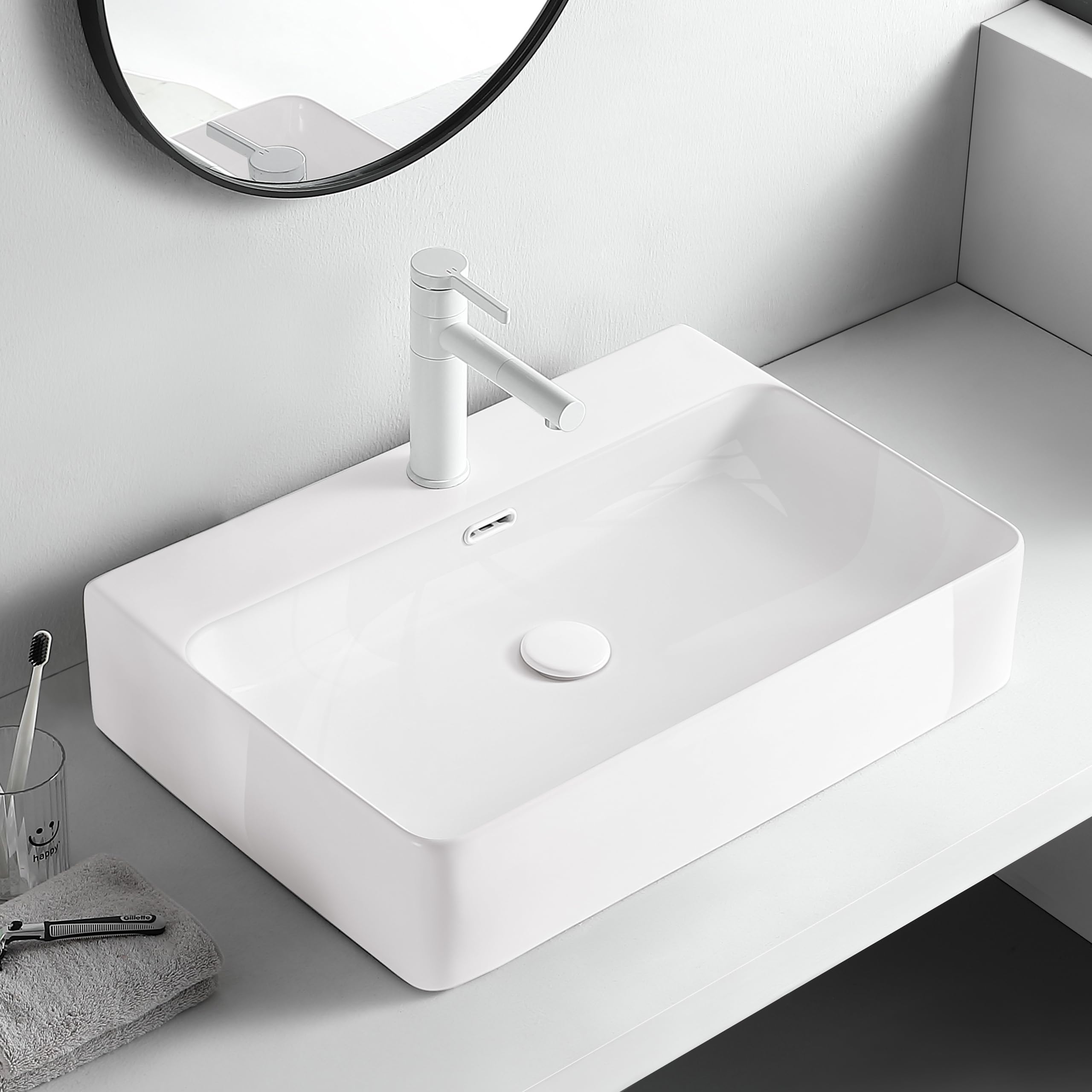 AQUAUNO Lavabo da appoggio Cloe, 60 x 42 cm, rettangolare, in ceramica bianca, con foro per rubinetto e troppopieno cromato, in ceramica sanitaria, per piano lavabo