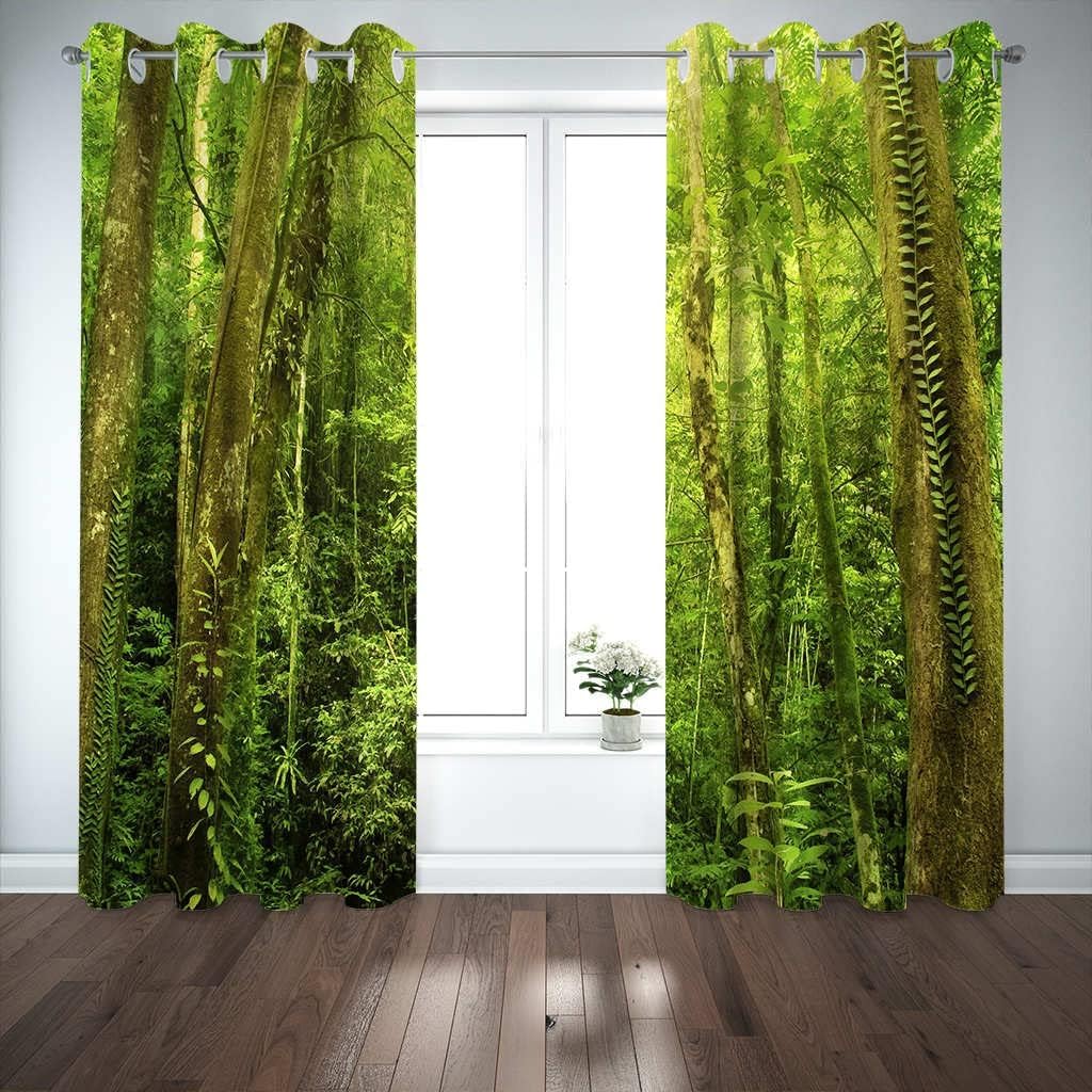 Rideaux Occultants 2 Panneaux Paysage Forestier - 70x160 Cm - Œillets 4-4.5 Cm - Polyester - Pour Salon Et Chambre