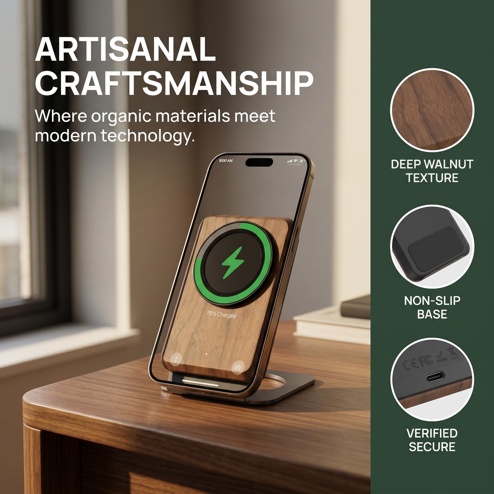 Supporto caricabatterie wireless in legno di noce, 15 W, dock di ricarica rapida compatibile con MagSafe per iPhone 17/16/15/14/13/12, accessorio estetico da scrivania e regalo tecnico per uomo