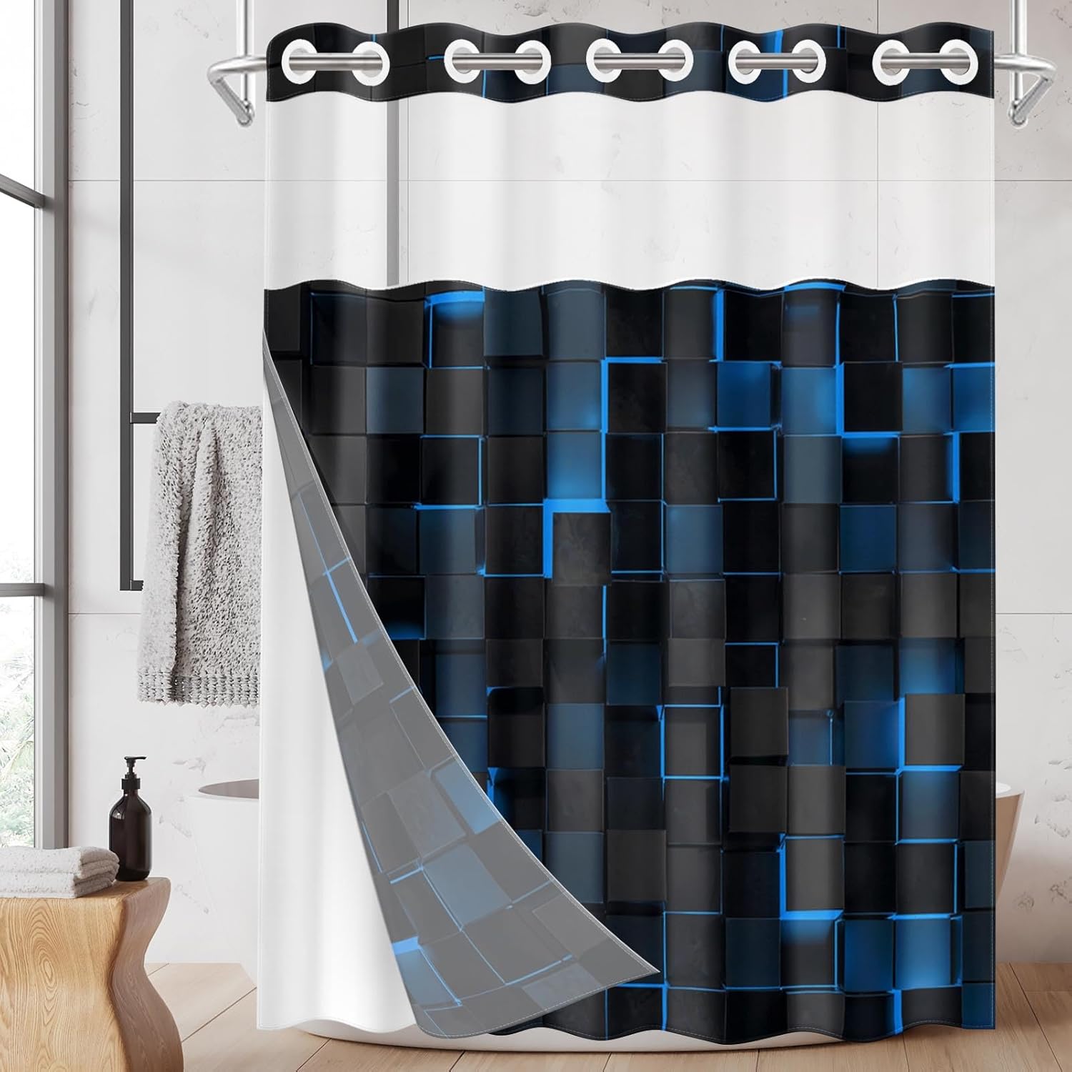 No Hook Black and Blue Shower Curtain with Snap in Fabric Liner Set, 3D Geometric Cubes Double Layers Waterproof Fabric with See Through Top Window Bath Curtain 71x74 Inch