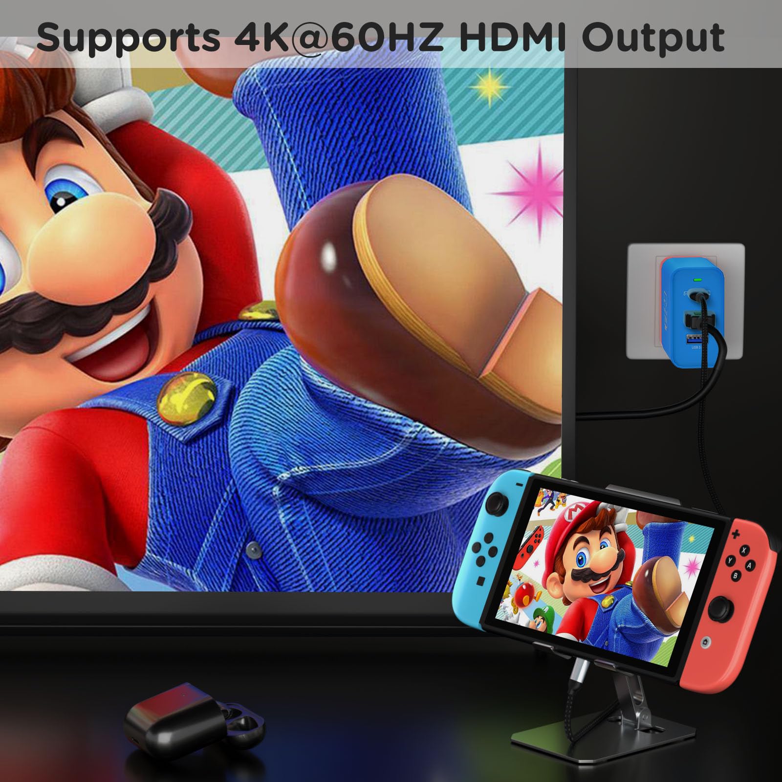 Base de carga USB C de 67 W para Nintendo Switch/OLED, estación de acoplamiento portátil de TV de viaje con puerto de carga 4K HDMI/USB2.0/PD, adaptador de carga rápida con cable USB-C para portátil,
