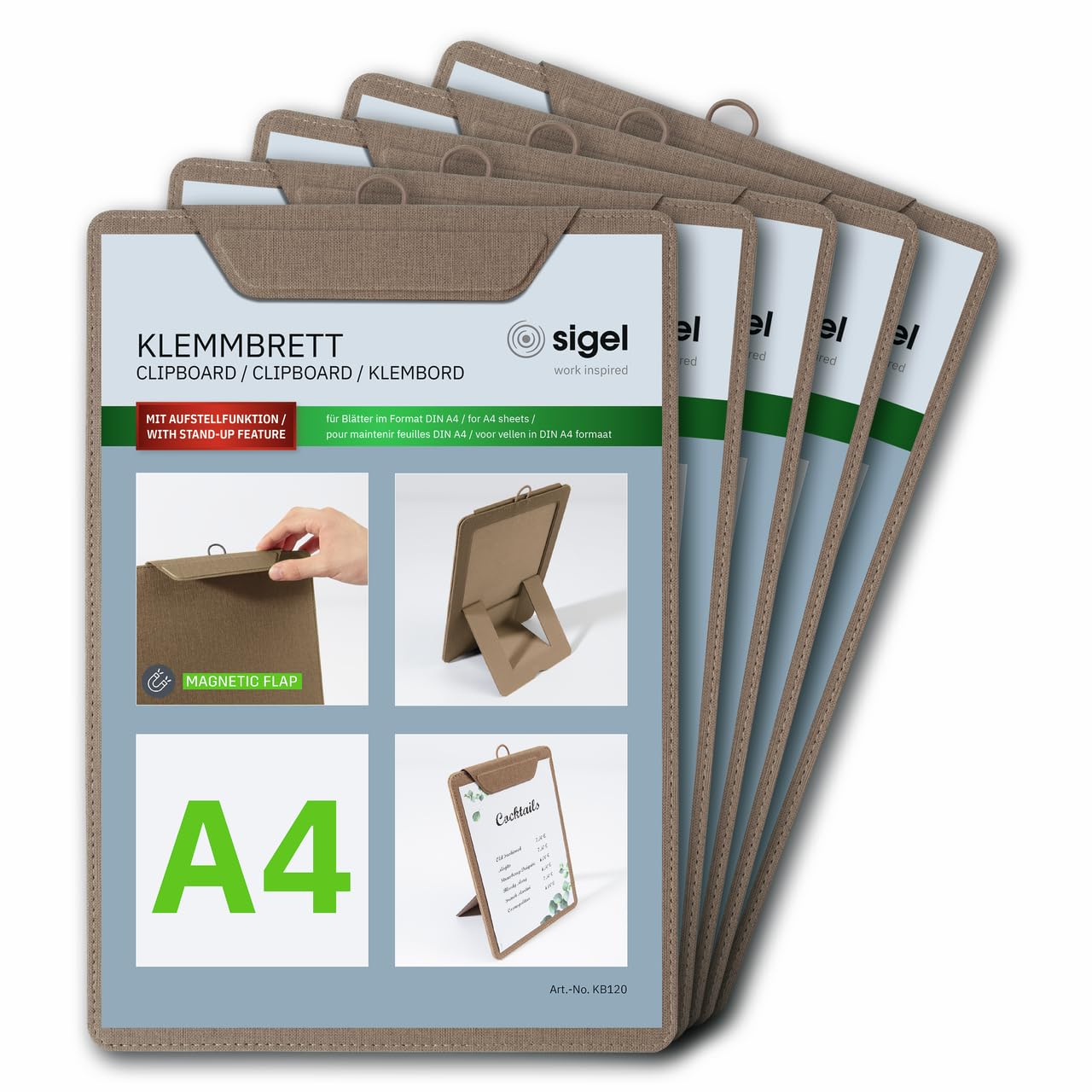 SIGEL Porte-menu avec pince 23 x 33 cm - 5 pièces | KB120, pour jusqu’à 20 feuilles A4, beige, pour l’organisation efficace de documents et formulaires