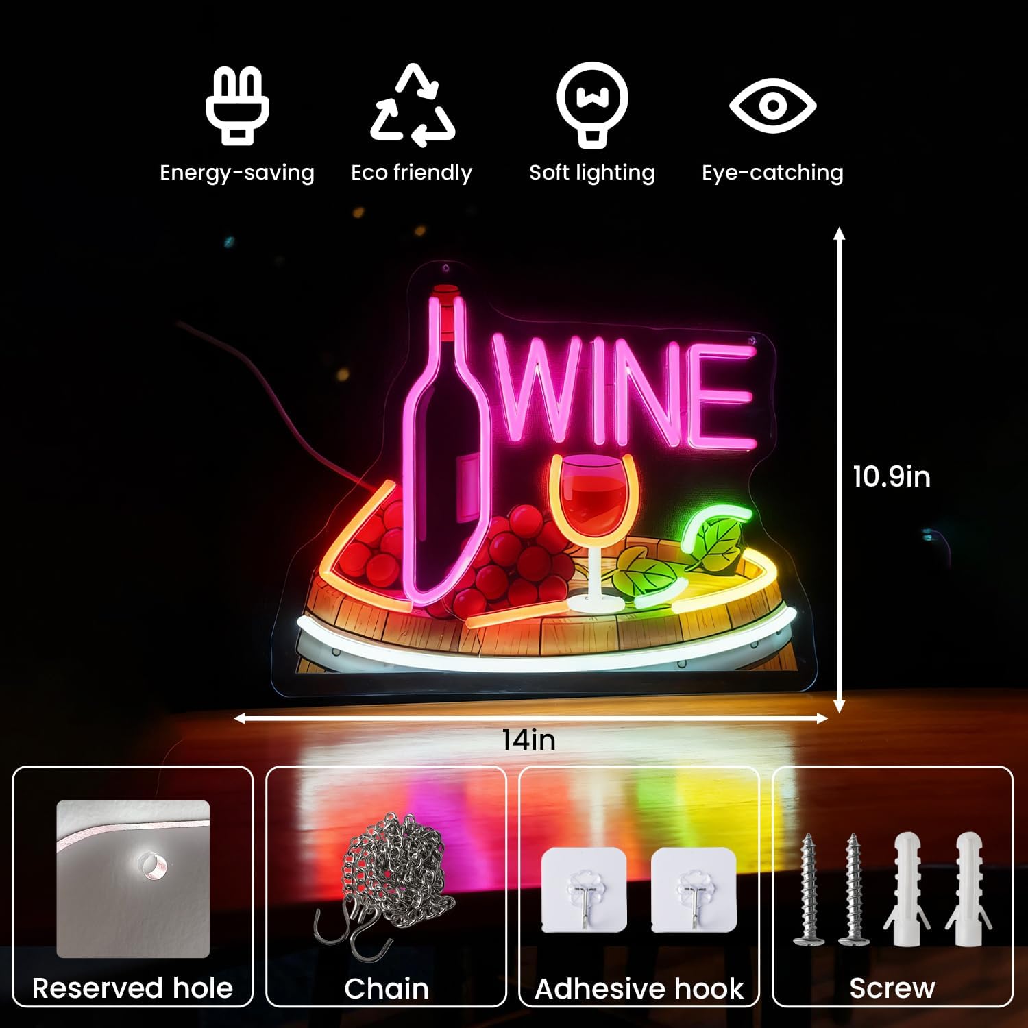 Neon Bar Signs, LED Wine Neon Sign Light Up Bar Sign for Wine Beer Bar Restaurant Pub Club Bistro Home Man Cave Party Kitchen Bedroom Wall Decor, USB Power & Dimmable