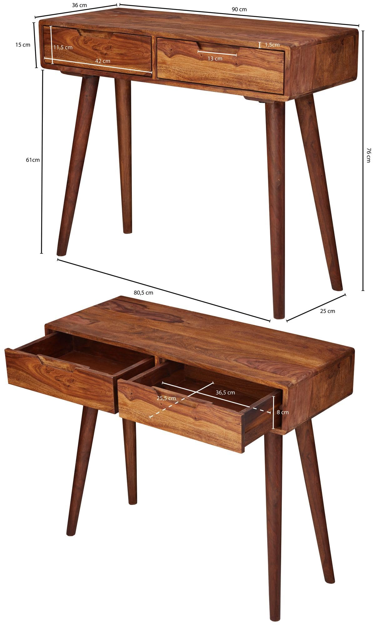 WOHNLING Consolle 90x36x76 cm Legno Massello di Sheesham, Cassetti