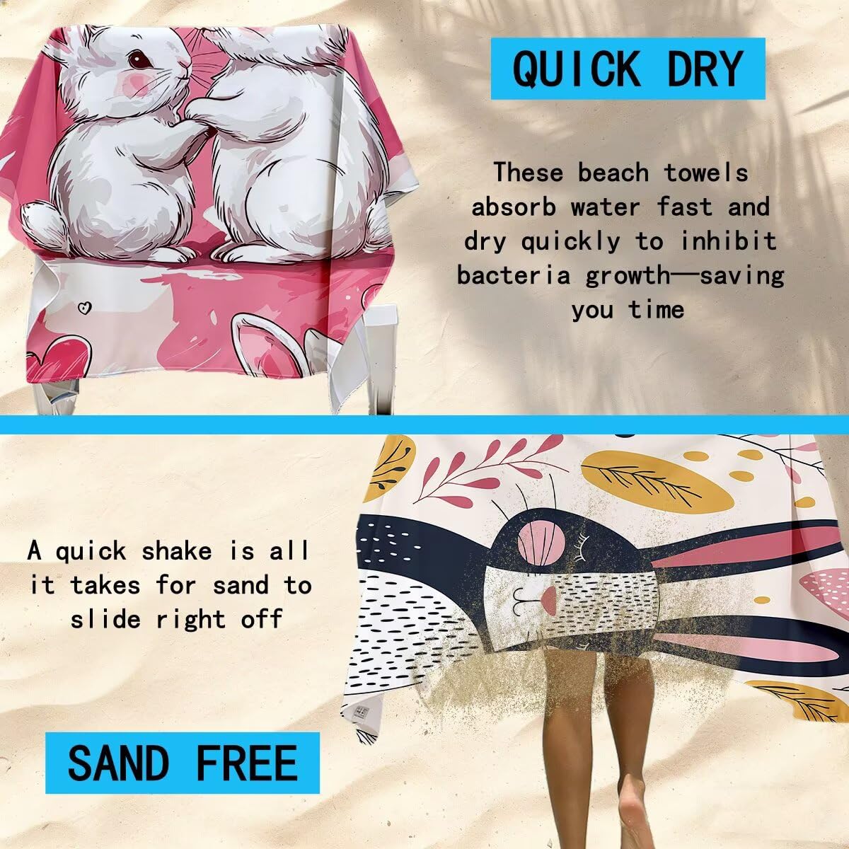 Strandtuch XXL 90x180cm 2er Set, Saunahandtuch Mikrofaser Handtuch, Schnelltrocknend Sporthandtuch Fitnessstudio, Leicht Badehandtuch Groß, Sandfrei Strandtuch, Geschenke für Männer (Kaninchen) -4025