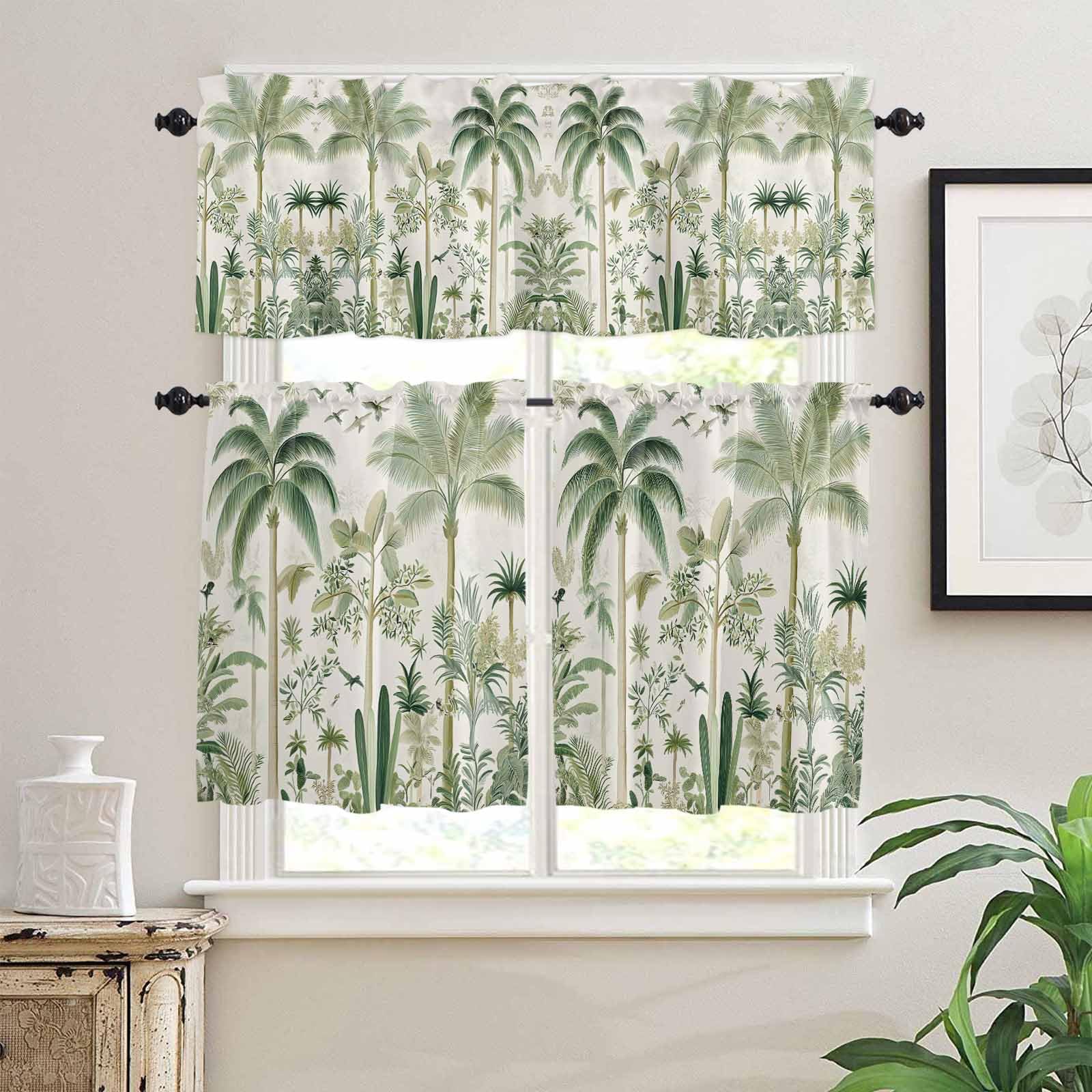 Green Palm Tree Kitchen Curtains 24 Inch Length, 3 Piece Rod Pocket Small Half Tiers and Valance Set, Summer Beach Cactus Small Large Window Treatment Decor for Bedroom/Bathroom Sink