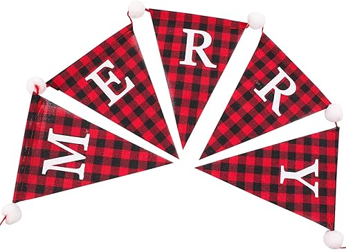 G2PLUS Cartel de arpillera de Feliz Navidad, pancarta a cuadros de búfalo rojo y negro de 19.6 pies, guirnalda de banderines triangulares