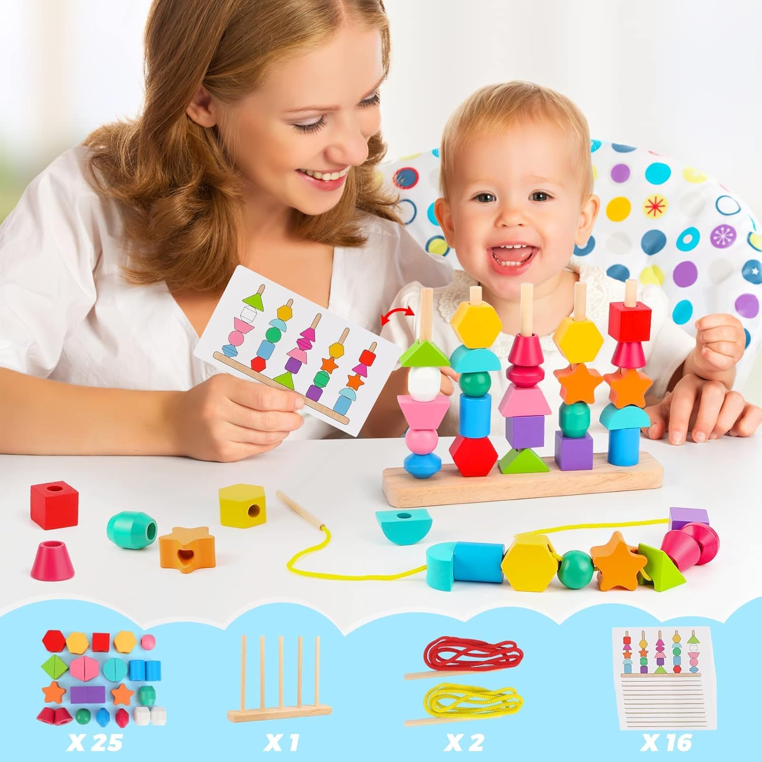 SHINETOY ENTERTAIN KIDS Kids Montessori Toys,Wooden Beads Sequencing Toy Set,Lacing Beads & Matching Shapes Colors Stacking Toy for 2-5 Year Old,Preschool Learning Fine Motor Skills Toys,40 Pcs - Image 7 thumbnail