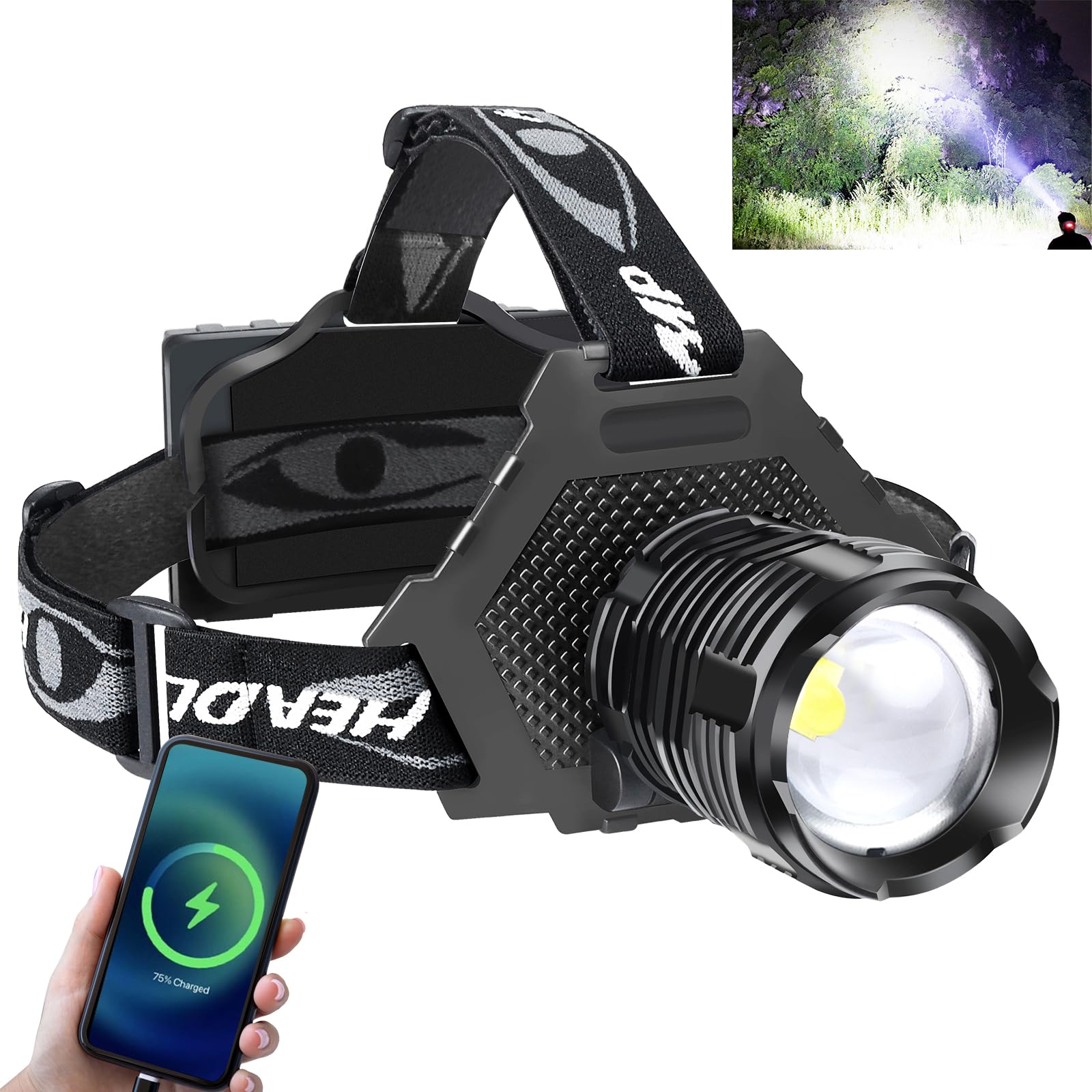 PARAROSE Rechargeable LED Headtorch 100000 Lumen, Super Bright headlamp Torch with 5 Lighting Modes, IPX6 Waterproof, Zoomable Headlamp for Camping, Hiking, Fishing, Biking, Running
