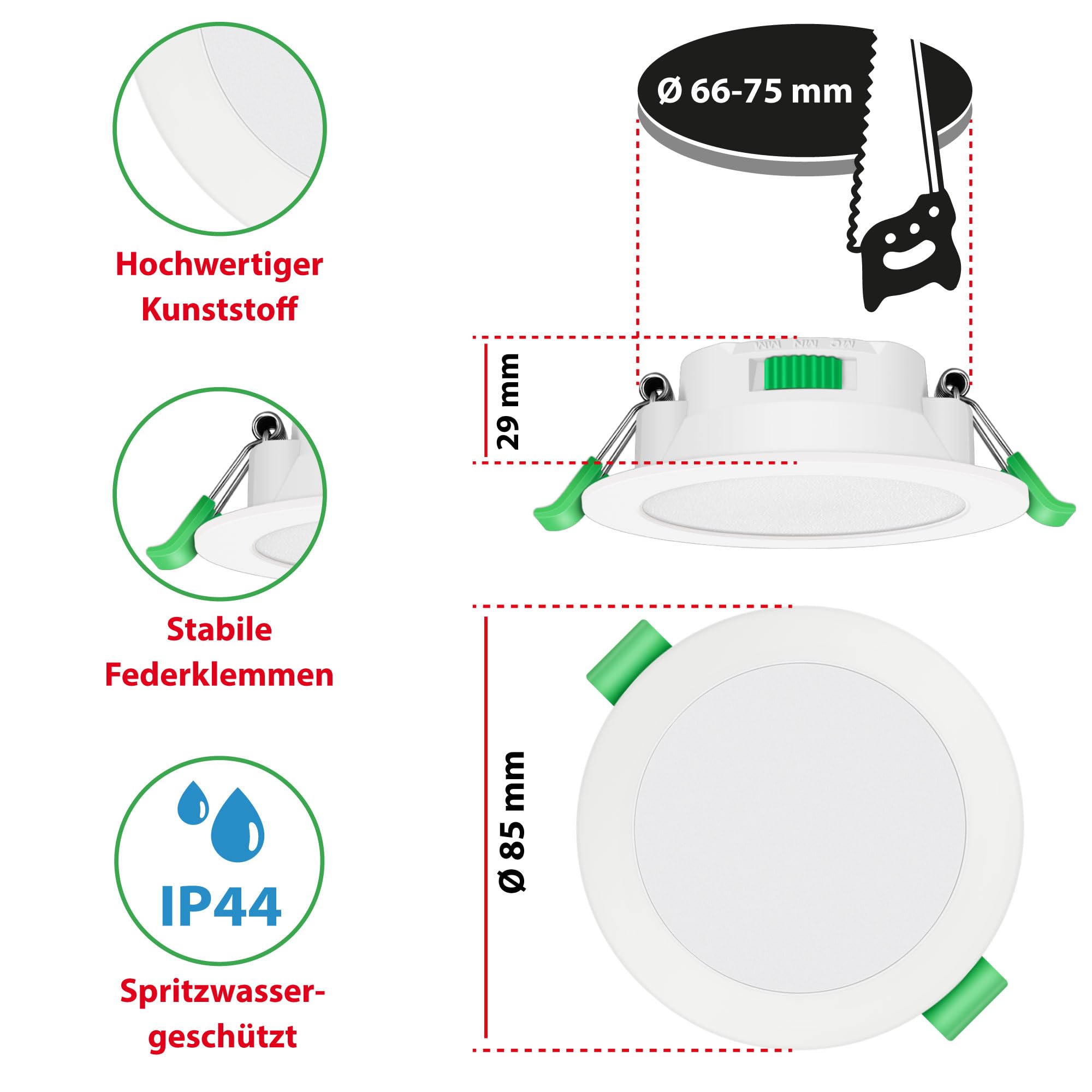 Maxkomfort LED Einbaustrahler flach 7W Dimmbar Bad weiß VENUS | IP44, 110°, 770 Lumen, 68mm| Warmweiß Neutralweiß Kaltweiß | Einbauspot, Deckenstrahler Deckenspot 12er SET